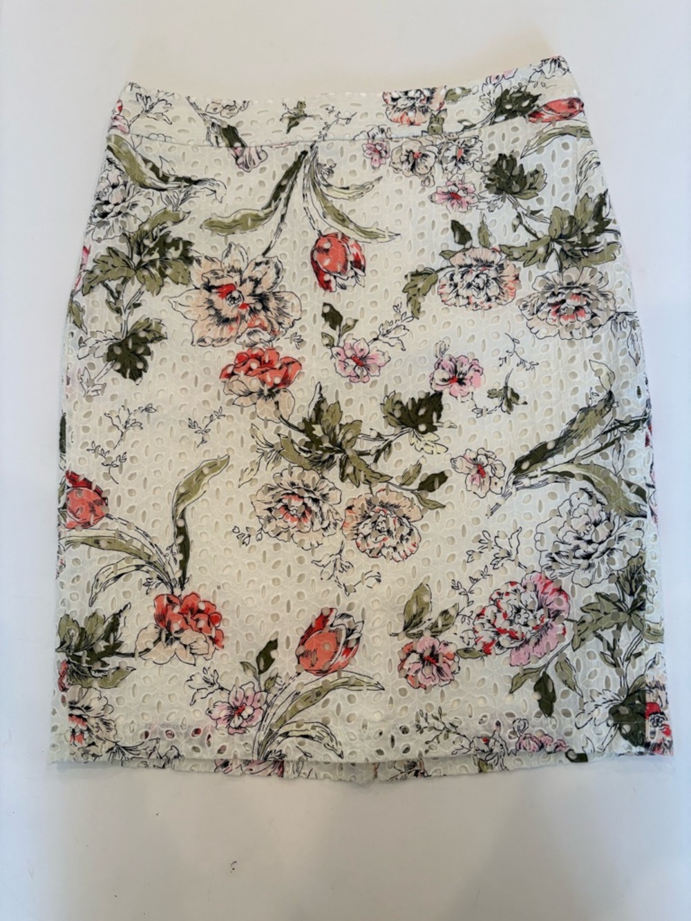 Ann Taylor Ivory Eyelet Pencil Skirt with Pink & Green Floral
